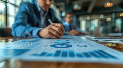 An executive leads a strategic analysis session, pointing to key metrics on a presentation slide while colleagues take notes and offer insights. This image captures the intensity and focus of