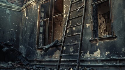A charred ladder leaning against a fire-damaged building