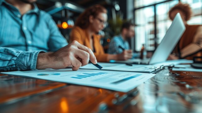 Business leaders engage in a strategic planning session, discussing long-term objectives and conducting a PESTLE analysis to assess external factors impacting their industry. Their forward-thinking