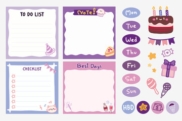 Set of Cute template notes with birthday theme. Memos and stickers. Cute paper memo template. Notes, memos and to do lists used in a diary, home or office.