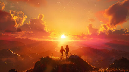 Couple together enjoying the sunset together in beautiful mountain in 3d Style 