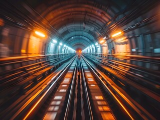Futuristic Illuminated Underground Train Tunnel with Blurred Motion