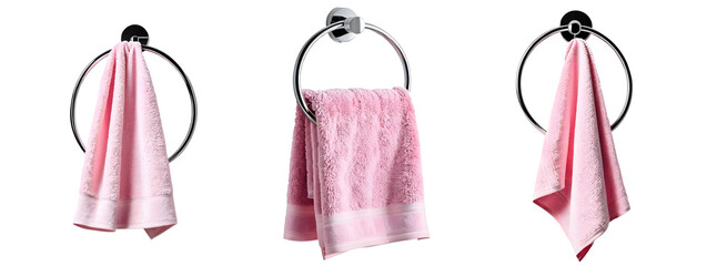 Elevate your bathroom decor with this set of hanged pink towels on a round chrome towel holder, isolated on a transparent background.