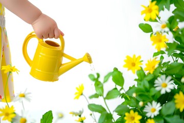 Environmental protection concept. A little girl waters flowers from a yellow watering can on a white background. Copy space.
