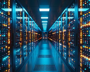 Vast Data Center Processing Vast Amounts of Digital Information Under Glowing Blue Lights