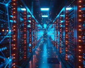 Glowing Blue Lights of an Advanced Urban Data Center Processing Vast Amounts of Digital Information