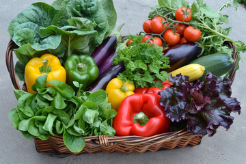 A bountiful basket brimming with a variety of fresh, organic vegetables, including leafy greens, vibrant bell peppers, and ripe tomatoes, ready for convenient home delivery 