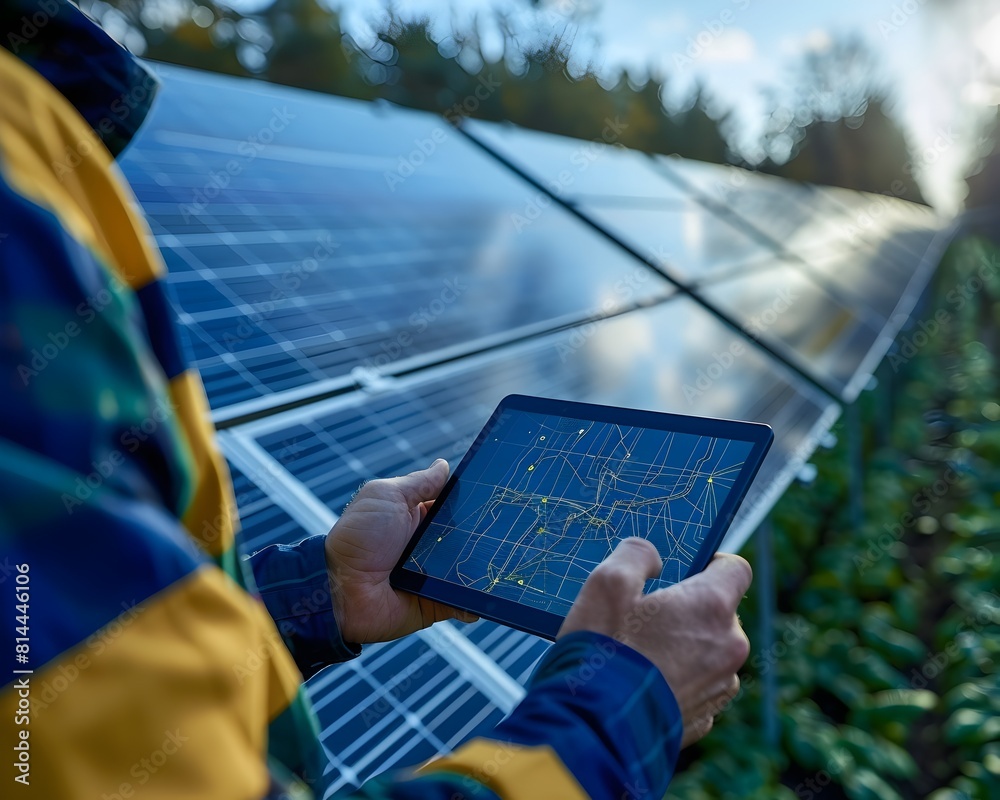 Wall mural engineers using digital tablet to monitor and control large solar power plant in remote countryside 