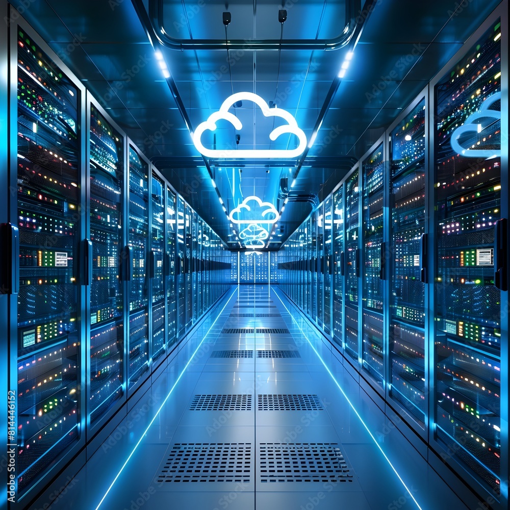 Poster futuristic cloud computing data center with rows of servers and led lights