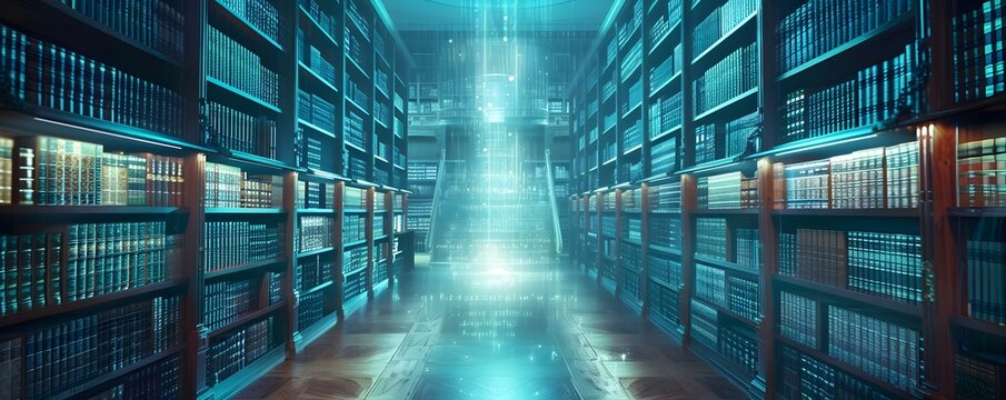 Futuristic Holographic Library with Glowing Digital Book Projections Showcasing Cutting Edge Technology Concept