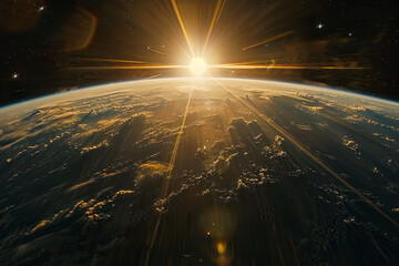 A breathtaking view of the sunrise as seen from the orbit of space, with the suns golden rays illuminating the curvature of the Earth against the vast, starstudded expanse of the cosmos 
