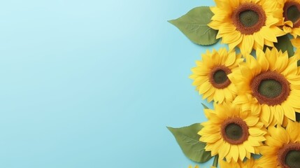 The image shows a blue background with a sunflower in the corner.