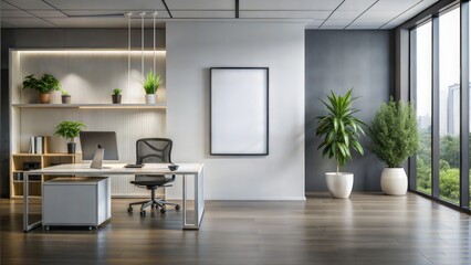 Modern Office Wall blank white Frame Mockup: A frame mockup mounted on a modern office wall, providing a clean and professional backdrop for displaying artwork or photography.	
