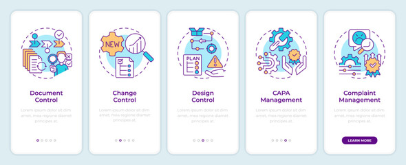 QMS processes onboarding mobile app screen. Document control. Walkthrough 5 steps editable graphic instructions with linear concepts. UI, UX, GUI template. Montserrat SemiBold, Regular fonts used