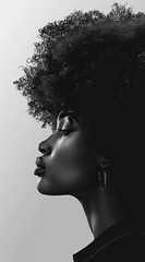 black and white portrait of a woman with huge afro