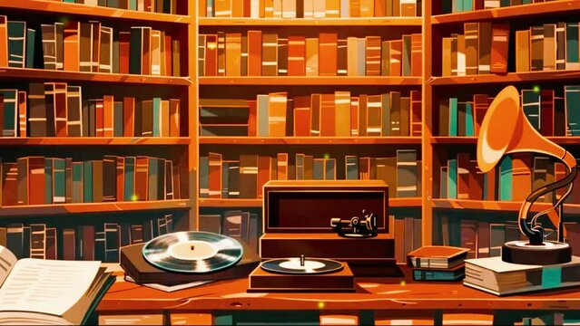 vintage bookstore with shelves filled with old books and a record player softly playing jazz, 2D flat Japanese anime-style 4k lofi hip-hop bites landscape music background animation video
