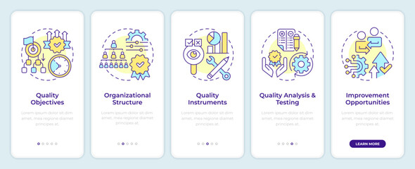 Quality management system elements onboarding mobile app screen. Walkthrough 5 steps editable graphic instructions with linear concepts. UI, UX, GUI template. Montserrat SemiBold, Regular fonts used