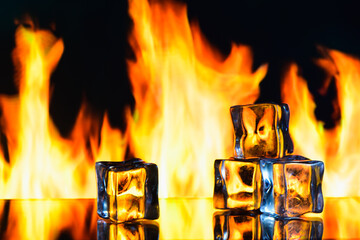studio photo of a burning ice crystal and in a black reflective surface 1