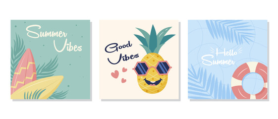 Set of summer posters with a pineapple character, surfboard, and lifebuoy on a pastel background.Design for a social media post template, a cute summer poster set. Vector Illustration.