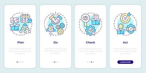 PDCA cycle onboarding mobile app screen. Plan do check act. Walkthrough 4 steps editable graphic instructions with linear concepts. UI, UX, GUI template. Montserrat SemiBold, Regular fonts used