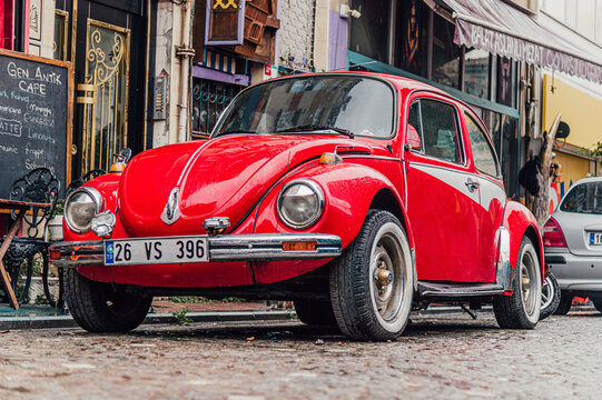 Istanbul, Turkey. 28 april 2024. Classic red Volkswagen Type 1 Beetle side view, known some locally as a Kafer, Fusca and Bug.