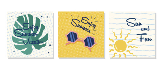 Set of summer poster with the sun, sunglasses, and monstera leaf on a checkered background, vector illustration. The set is great for a vacation poster, card, or banner template.