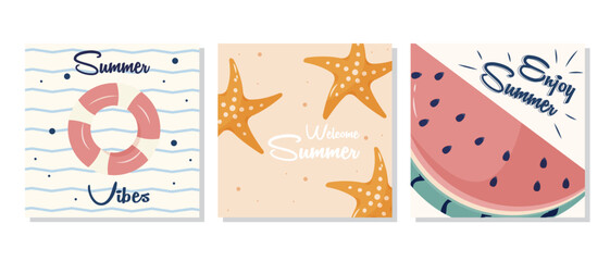  Set of summer posters with watermelon, lifebuoy, and starfish. The set is great for a social media post or card template., vector Illustration, with cute minimalistic flat style, and pastel colors. 