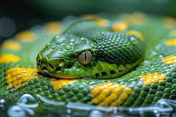 Fototapeta premium Green Anaconda: Swirling in water with coils visible, representing aquatic lifestyle.