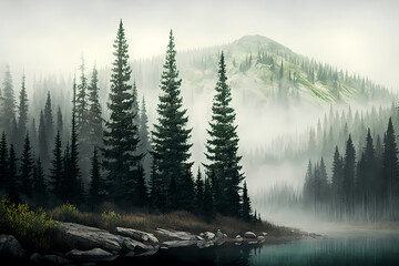 A misty woodland with trees and a lake. Serene nature beauty.