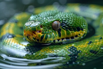 Green Anaconda: Swirling in water with coils visible, representing aquatic lifestyle.