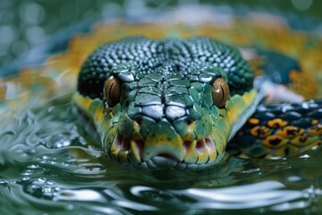Fototapeta premium Green Anaconda: Swirling in water with coils visible, representing aquatic lifestyle.