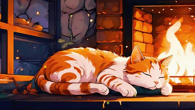 A cat sleeping peacefully by a crackling fireplace, 2D flat Japanese anime-style 4k lofi hip-hop bites landscape music background animation video