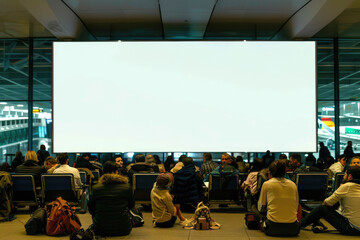 People sitting in an airport terminal in front of a wide white screen