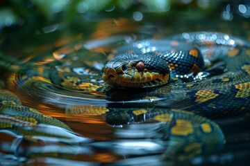 Fototapeta premium Green Anaconda: Swirling in water with coils visible, representing aquatic lifestyle.