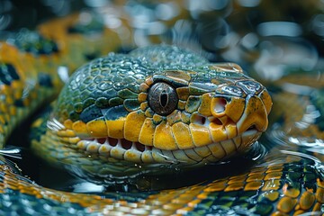 Fototapeta premium Green Anaconda: Swirling in water with coils visible, representing aquatic lifestyle.