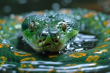 Fototapeta premium Green Anaconda: Swirling in water with coils visible, representing aquatic lifestyle.