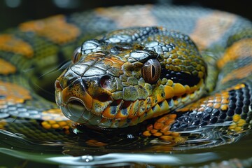 Green Anaconda: Swirling in water with coils visible, representing aquatic lifestyle.
