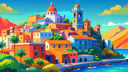 A charming, stylized illustration depicts a vibrant seaside town nestled along a calm bay, featuring colorful buildings with red roofs, boats bobbing in the water, and distant mountains under a blue