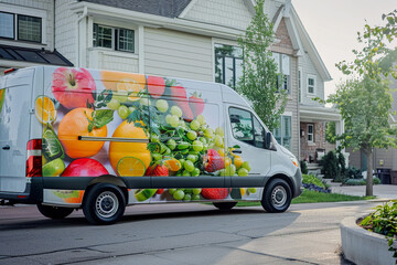 A clean delivery van parked outside a suburban home, its side emblazoned with vibrant graphics advertising fresh, organic, and locally sourced grocery delivery services 