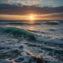 Obraz premium Capture the magic of National Camera Day with a serene seascape: waves gently crashing against the shore at sunrise.