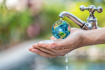 A close-up image depicting a human hand and a water tap to save water, symbolizing water conservation efforts, with a small globe to emphasize global impact  
