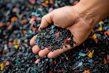 A close-up image of a human hand grasping a collection of recycled black and multicolored plastic chips, symbolizing sustainable raw materials for eco-friendly manufacturing processes 