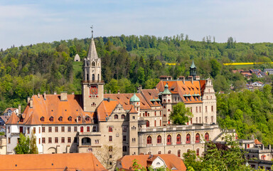 Fototapeta premium Blick auf die Kirche St. Johann in Sigmaringen vom Josefsberg im oberen Donautal. 