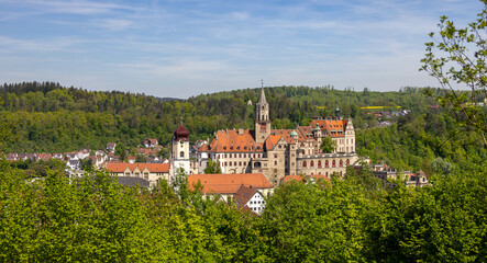 Obraz premium Panorama Blick auf die Kirche St. Johann in Sigmaringen vom Josefsberg im oberen Donautal. 
