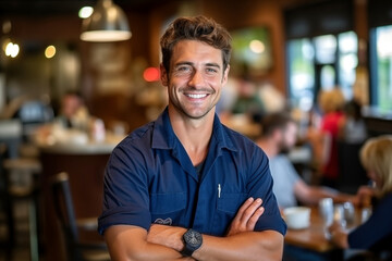 Obraz premium Portrait of smiling male police officer in cafe, background with selective focus and copy space