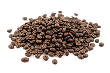 A closeup shot of freshly roasted coffee beans scattered on a clean, white background, highlighting the rich, dark brown texture and shine of the beans 
