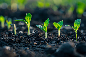 Fototapeta premium A close-up of vibrant green seedling sprouts emerging from rich soil, symbolizing new growth and the beginning of spring 