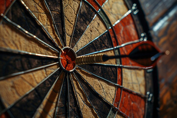 A close-up view of a sharp dart perfectly hitting the bullseye on a dartboard, symbolizing accuracy, goal achievement, and successful precision in performance 