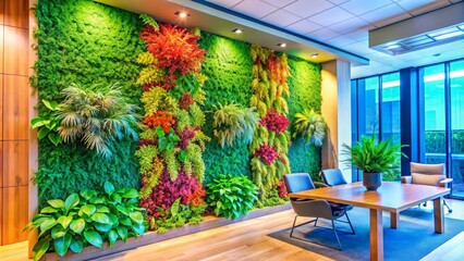 A bright, modern office interior features an extensive vertical garden or green wall densely covered with a variety of lush plants, extending along a wall and enhancing the biophilic design of the