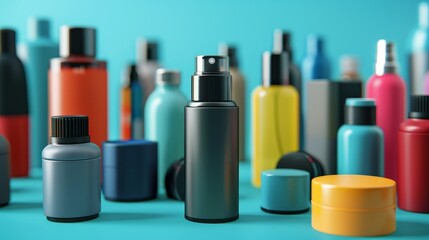 Obraz premium Studio lighting and a clean isolated backdrop showcase a detailed close-up of different deodorant bottles, including sprays and roll-ons